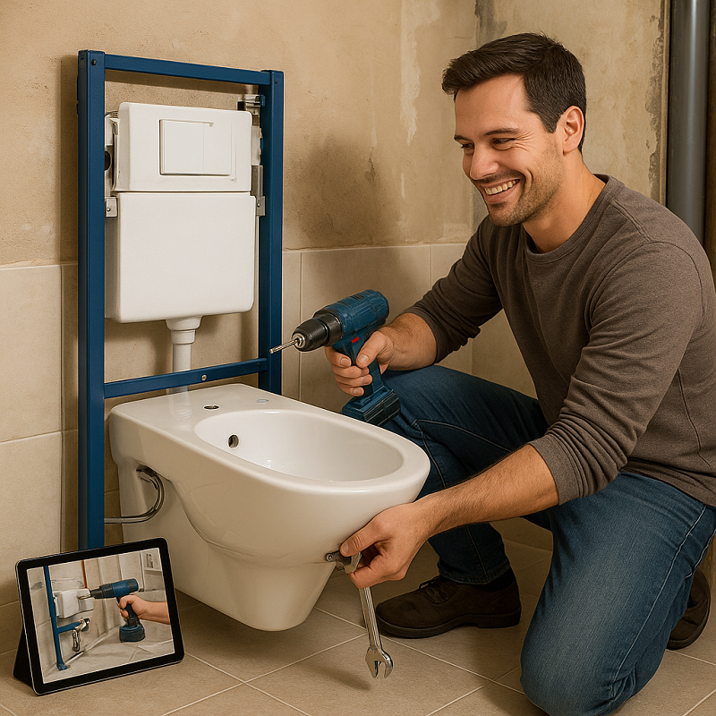 Homeowner following step-by-step installation guide for wall-hung bidet toilet with tools and video support